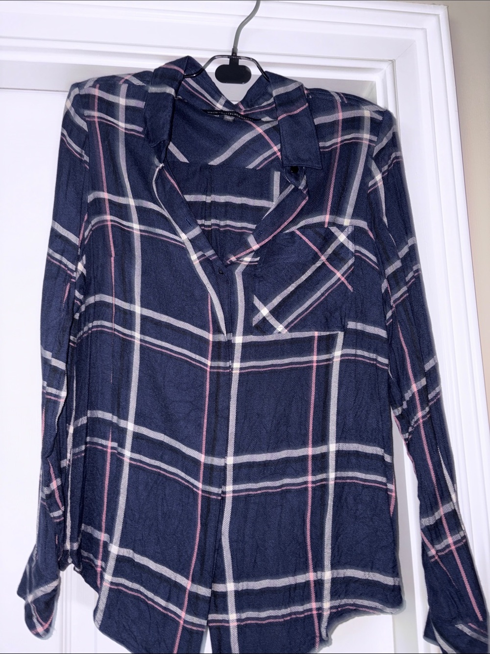 Women’s Navy Plaid Button-Up Shirt - Classic Long Sleeve Top